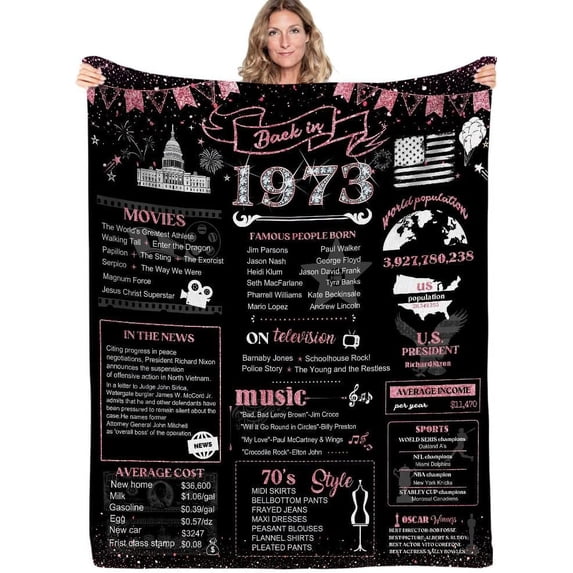 50th Birthday Decorations for Women 50th Birthday Gifts for Mom Aunt Friends, Back in 1973 Unique 50 Year Old Birthday Pink Blanket for Her, Soft Comfortable Blanket 50x60