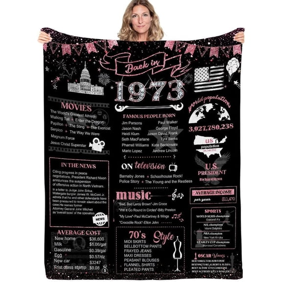 50th Birthday Decorations for Women 50th Birthday Gifts for Mom Aunt Friends, Back in 1973 Unique 50 Year Old Birthday Pink Blanket for Her, Soft Comfortable Blanket 50x60