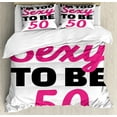 thumbnail image 1 of 50th Birthday Duvet Cover Set, Being 50 Themed Funny Pictogram Hand Writing Calligraphy Print, Decorative 3 Piece Bedding Set with 2 Pillow Shams, Queen Size, White Black and Pink, by Ambesonne, 1 of 3