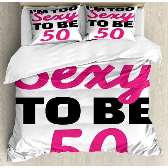 50th Birthday Duvet Cover Set, Being 50 Themed Funny Pictogram Hand Writing Calligraphy Print, Decorative 3 Piece Bedding Set with 2 Pillow Shams, Queen Size, White Black and Pink, by Ambesonne