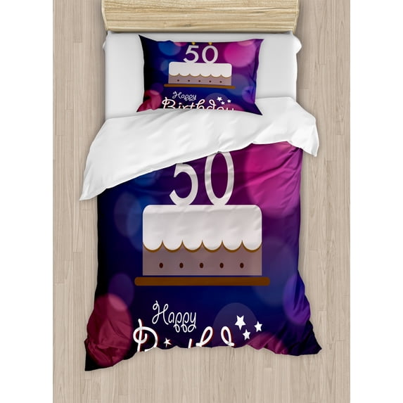 50th Birthday Duvet Cover Set, Color Spots in Graphic Style Cake Number Candlesticks Lettering, Decorative 2 Piece Bedding Set with 1 Pillow Shams, Twin Size, Blue Pink White, by Ambesonne