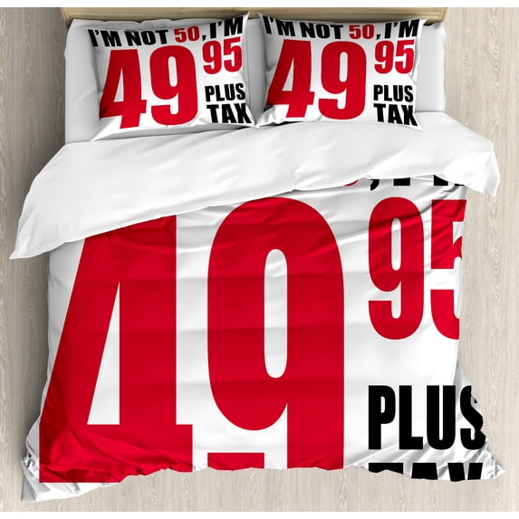 50th Birthday Duvet Cover Set, Hilarious Catchphrase Old Age Fifthy Feeling Young Humorous and Funny, Decorative 3 Piece Bedding Set with 2 Pillow Shams, Queen Size, Red Black White, by Ambesonne