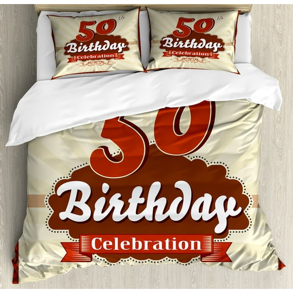 50th Birthday Duvet Cover Set, Retro Old Fashion Celebration Theme Stripes and Dots Art Print, Decorative 3 Piece Bedding Set with 2 Pillow Shams, Queen Size, Scarlet Brown Eggshell, by Ambesonne