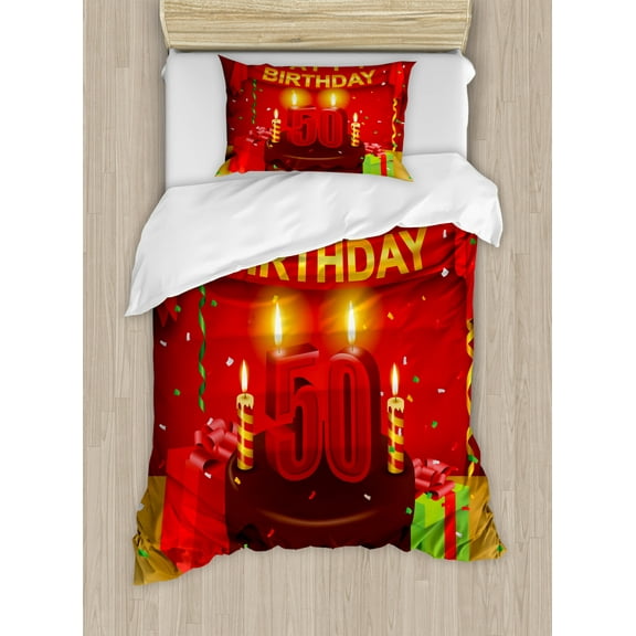 50th Birthday Duvet Cover Set Twin Size, Chocolate Cake with Number Candles Presents Confetti Ribbons and the Flags, Decorative 2 Piece Bedding Set with 1 Pillow Sham, Multicolor, by Ambesonne