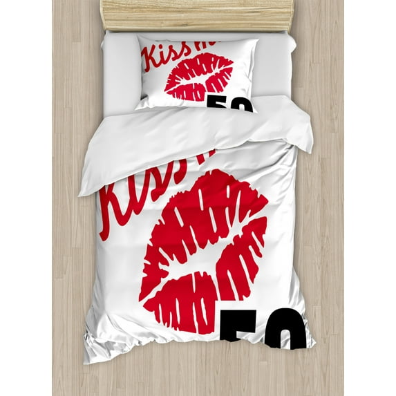 50th Birthday Duvet Cover Set Twin Size, Red Colored Attractive Lips Stencil Art Style Kiss Me I'm Fifty Quote, Decorative 2 Piece Bedding Set with 1 Pillow Sham, Red Black White, by Ambesonne