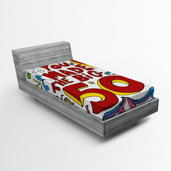 50th Birthday Fitted Sheet, Colored Floral Design Fun Cartoon Like Display and Party Message, Soft Decorative Fabric Bedding, Twin Size, Multicolor, by Ambesonne