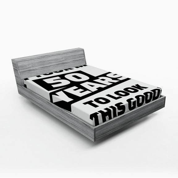 50th Birthday Fitted Sheet, Funny Happy Face Expression Self Confidence Themed Pictogram Style Design, Soft Decorative Fabric Bedding, Queen Size, Black White, by Ambesonne