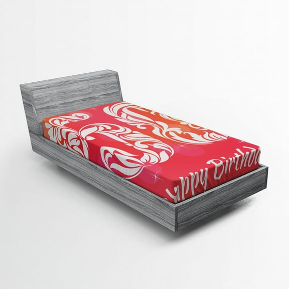 Ambesonne 50th Birthday Fitted Sheet, Swirls and Stars, Twin Size, Pink Orange White