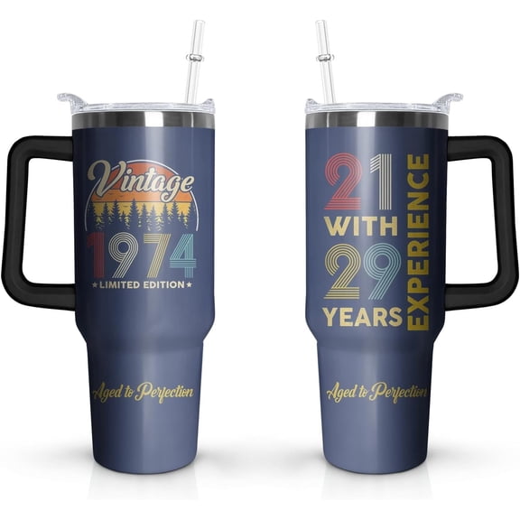 50th Birthday Gifts Cup, 40 Oz Stainless Steel Tumbler with Handle & Straw, 50 Year Old Birthday Gifts for Men Coffee Mug, 50th Birthday Decorations for Men, Happy 50th Birthday Gifts for Men