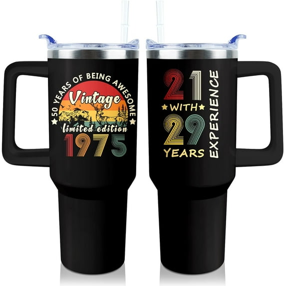 50th Birthday Gifts for Men 40 oz Tumbler with Handle and Straw Lid Leak Proof - Vintage 1975 Cup 50 Years Old Birthday Gifts for Women Insulated Tumblers Travel Coffee Mug