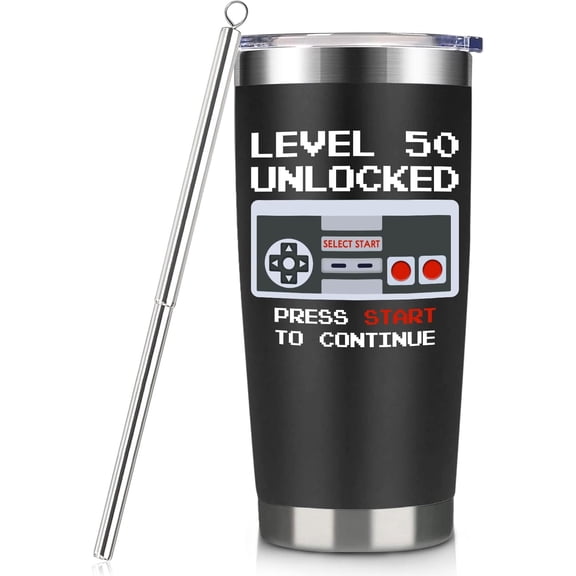 50th Birthday Gifts Men Birthday Gifts For Him 20oz Level 50 Unlocked Wine Tumbler Gifts For Video Game Lovers Husband Boyfriend Teen Boys Bday Xmas Party Presents Black Travel Cup With Straw