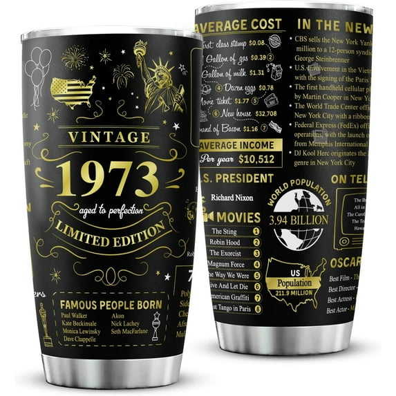50th Birthday Gifts for Men Women Friends Vintage 1973 Tumblers 50 Year Old Birthday Supplies Vintage 1973 Back in 1973 Old Time Information Stainless Steel Vacuum Insulated Tumblers 20 oz