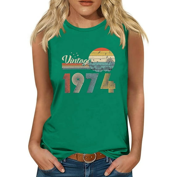 50th Birthday Gifts Tank Tops for Women Vintage 1974 Party T-Shirts Sleeveless Crewneck Cute Graphic Tees