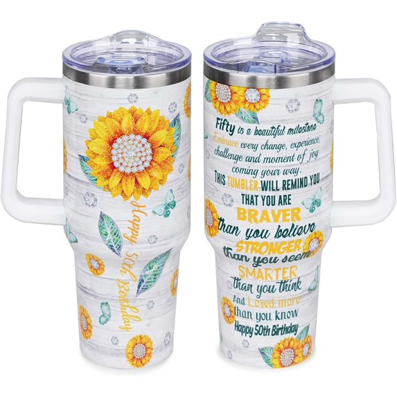 50th Birthday Gifts for Women, 40 oz Tumbler with Handle and Straw, Womens 50th Birthday Gift Ideas Mug, 1974 Birthday Gifts for Women Cup, Vacuum Stainless Steel Insulated with Leak Proof Lid