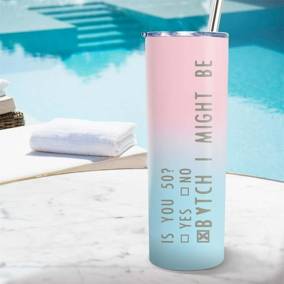 50th Birthday Gifts for Women 50 Years Old Birthday Gifts for Women 20oz Skinny 50th Birthday Cups 50th Birthday Gift for 1974 Woman Female Bday Presents Fun Pink Gradition Tumbler with Lid Straw