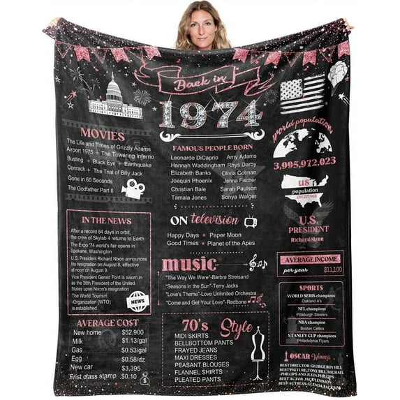 50th Birthday Gifts for Women Best 1974 Birthday Decorations for Mom Aunt Friends,Back in 1974 Unique 50 Year Old Birthday Pink Blanket for Her,Soft Comfortable Throw Blanket 50''x60''