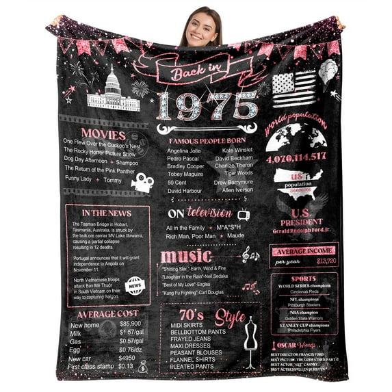 50th Birthday Gifts for Women Best 1975 Birthday Decorations for Mom Aunt Friends,Back in 1975 Unique 50 Year Old Birthday Pink Blanket for Her,Soft Comfortable Throw Blanket 60"x80"