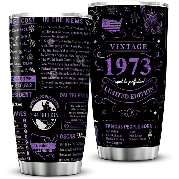 50th Birthday Gifts for Women Men Friends Vintage 1973 Tumblers 50 Year Old Birthday Supplies Vintage 1973 Back in 1973 Old Time Information Stainless Steel Vacuum Insulated Tumblers 20oz