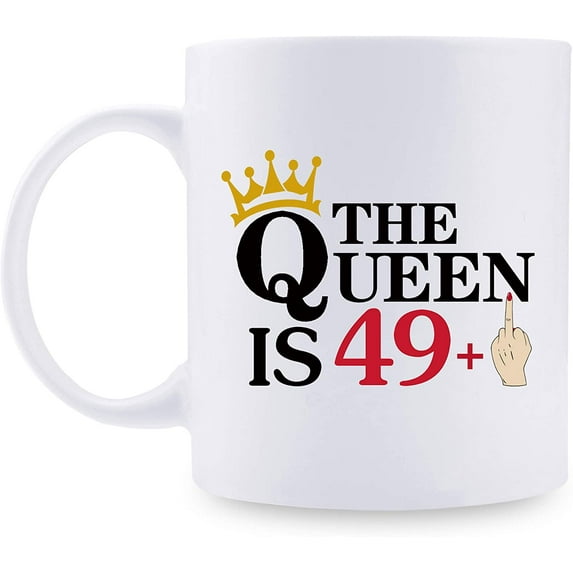 50th Birthday Gifts for Women - The Queen is 49+1 Funny Coffee Mug - 50 Year Old Present Ideas for Wife, Boss, Mom, Daughter, Sisters, Her, Friends - 11 oz