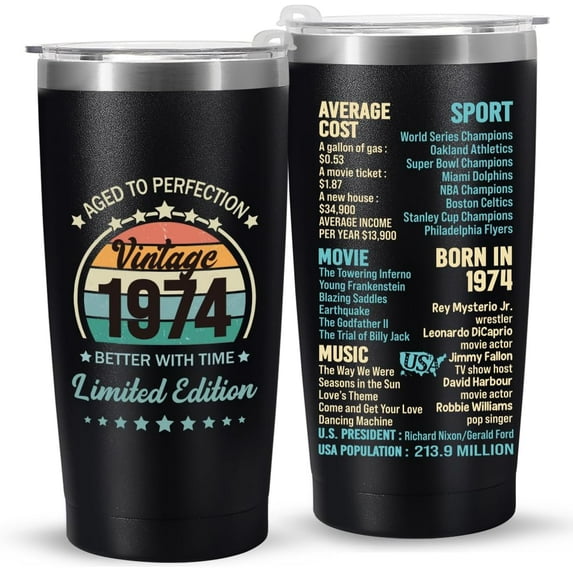 50th Birthday Gifts for Women Men Parents 50 Years Old Gifts- 20 oz Double-sided Vintage 1974 with Time Information Tumbler Cup（black） Turning 50