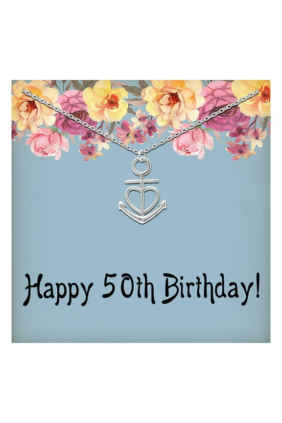 50th Birthday Greeting Card Silver Anchor Heart Necklace Womens Ginger Lyne Collection
