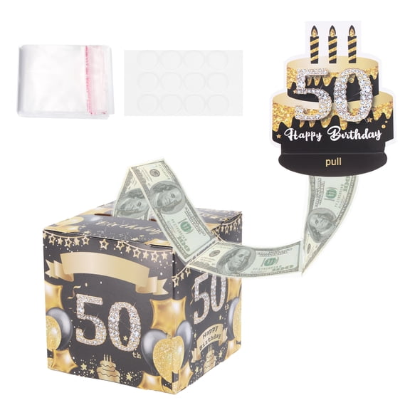 50th Birthday Money Box for Cash Gift, Birthday Money Pull Box with 100pcs Transparent Bags for Birthday Surprise Card Party Decorations Women Girl Men Boy Best Friend, Black Gold
