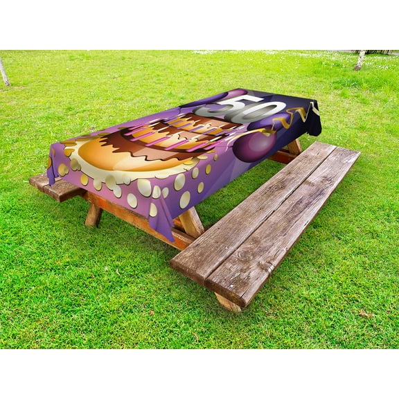 50th Birthday Outdoor Tablecloth, Creamy Cake with Many Candles and Numbers Balloons Ribbons Art Print, Decorative Washable Fabric Picnic Table Cloth, 58 X 84 Inches,Purple Gold Grey, by Ambesonne