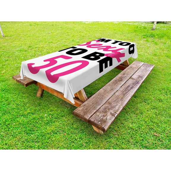 50th Birthday Outdoor Tablecloth, Too Sexy To Be Fifty Funny Pictogram with Hand Writing Calligraphy, Decorative Washable Fabric Picnic Tablecloth, 58 X 104 Inches, Pink Black White, by Ambesonne