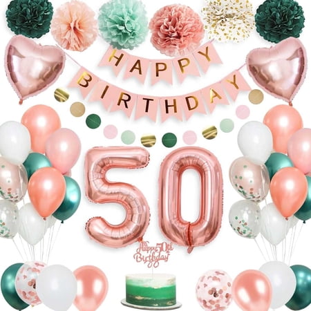 50th Birthday Party Decoration, Pink Rose Green Balloons, 50 Year Birthday Decoration Pink Green Balloons, Paper Pompons for Women Reusable Decoration