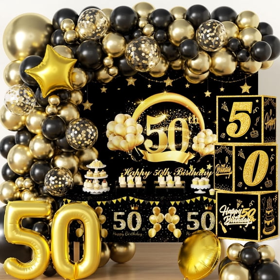 50th Birthday Party Decorations Set Black and Gold 50 Years Old Party Supplies for Men with Balloons Garland, Backdrop, Table Cloth, Foil Balloons and 50th Decorations Boxes Y101