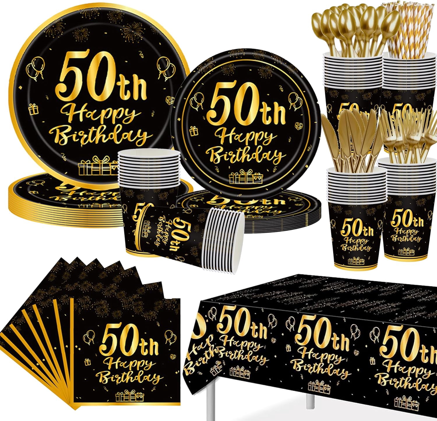 50th Birthday Party Supplies for 24 Guests, 193 Pcs Black Gold
