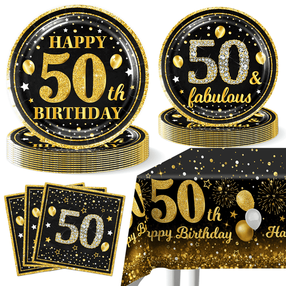 Morabloomy Black Gold 50th Birthday Party Supplies Paper Plates Napkins Tablecloth Set