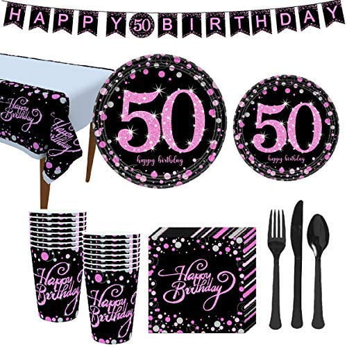 50th Birthday Pink Gold Party Supplies, Disposable Tableware for 16 Guest, Include 7” Paper Plates,9” Plates, Banner, 12 oz Cups, Napkins
