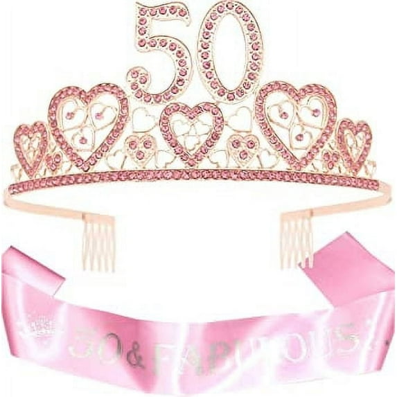 50th Birthday Sash and Tiara for Women - Fabulous Glitter Sash + Hearts Rhinestone Pink Premium Metal Tiara for Her, 50th Birthday Gifts for 50 Party