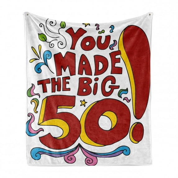 50th Birthday Soft Flannel Fleece Throw Blanket, Colored Floral Design Fun Cartoon Like Display and Party Message, Cozy Plush for Indoor and Outdoor Use, 60" x 80", Multicolor, by Ambesonne