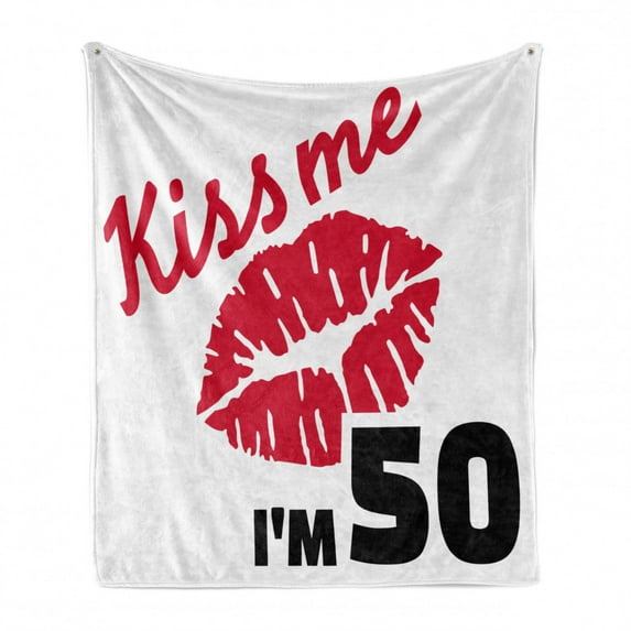 50th Birthday Soft Flannel Fleece Throw Blanket, Red Colored Lips Stencil Art Style Kiss Me Im 50 Words, Cozy Plush for Indoor and Outdoor Use, 60" x 80", Red Black White, by Ambesonne