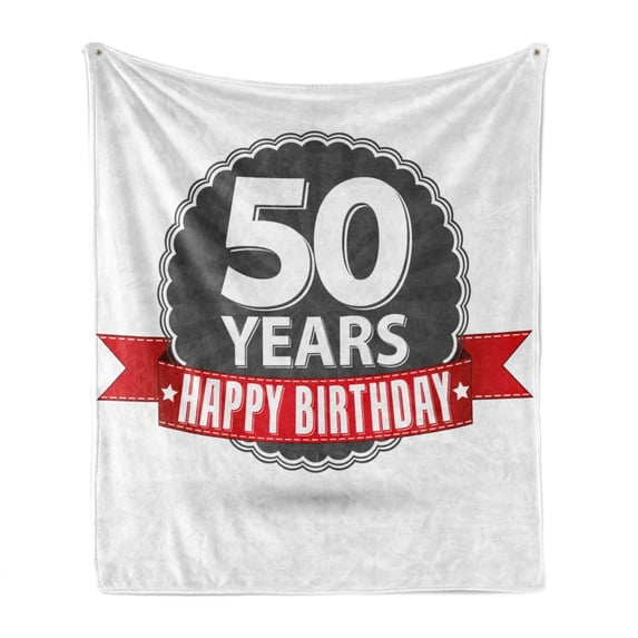50th Birthday Soft Flannel Fleece Throw Blanket, Retro Style Red Ribbon in Classical Old Fashioned Celebratory Design, Cozy Plush for Indoor and Outdoor Use, 60" x 80", Grey Red White, by Ambesonne
