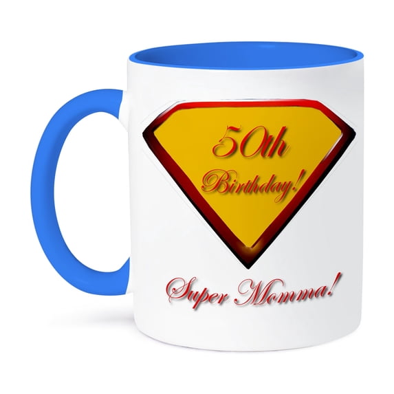 3dRose, 50th Birthday Super Momma, 15oz Two-Tone Blue Mug