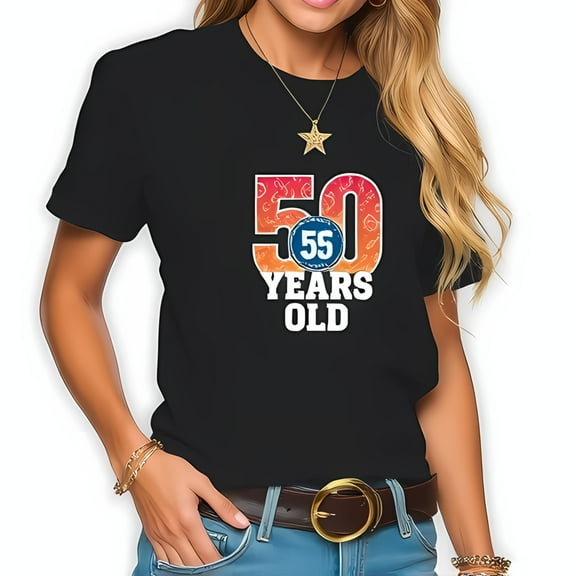 50th Birthday T-Shirt - Black Cotton Tee with Sunset Gradient '50' & Bandana Print Funny '55' Casual Style