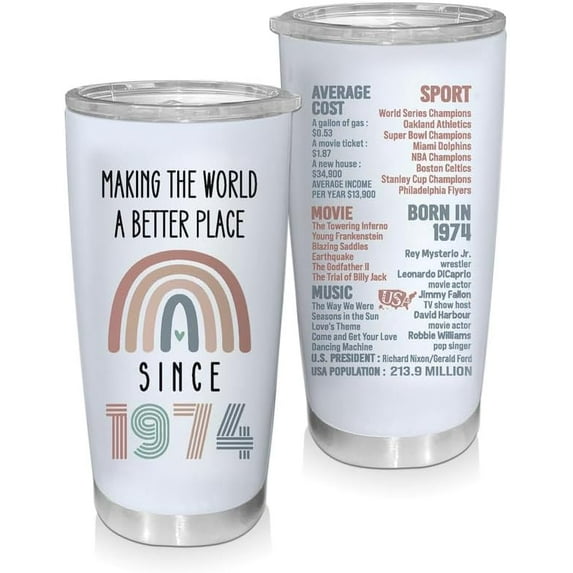 50th Birthday Tumbler - Since 1974, Gifts for Men and Women Turning 50, Celebratory Mug for Friends, Mom, Dad, Wife, Aunt, Grandma, Sister