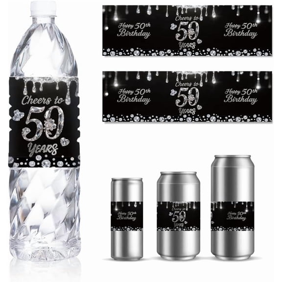 50th Birthday Water Bottle Labels 30 Sheets Black Sliver Droplet Drinking Water Container Labels Self-Adhesive Wraps Sticker for DIY Birthday Party Favor Celebration Decor 8.5x2.5 Inches