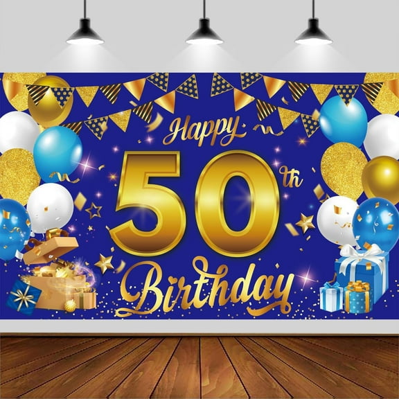 50th Blue Gold Birthday Backdrop Happy Birthday Photography Background Banner for Gold Birthday Party Backdrop