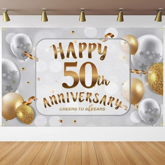 50th Happy Anniversary Decorations Large White Gold Sign Poster for 50th Anniversary Backdrop Banner Cheers To 50 Years Anniversary Party Decorations Supplies for Parents