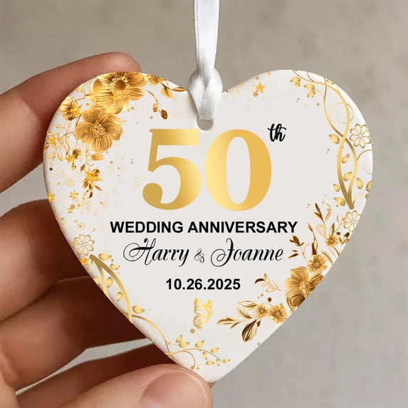 50th Wedding Anniversary Ceramic Ornament Flat 2D Printed, Personalized 50th Golden Gift for Couple, Customized Gold Wedding Keepsake