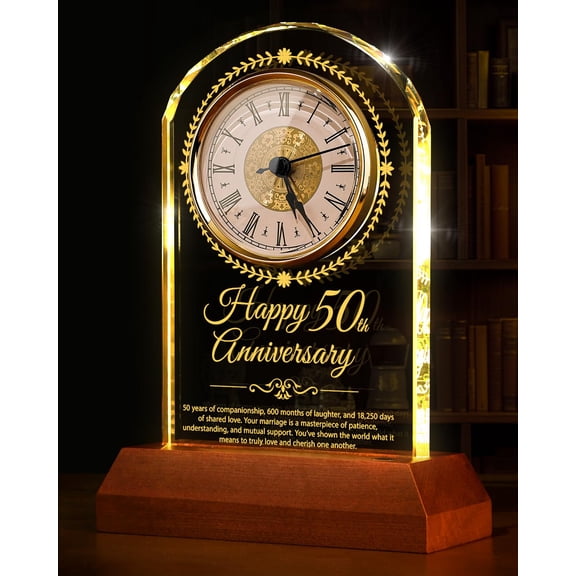 50th Wedding Anniversary Crystal Quartz Clock With Wooden Light Base 50 Years Of Marriage Gift Happy Golden Decoration For Parents Grandparents Couple