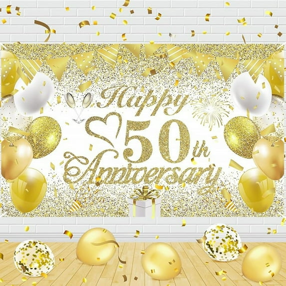 50th Wedding Anniversary Decorations Banner White Gold Happy 50th Anniversary Banner for Women Men Golden Wedding Party Decorations 72.8x43.3 inches