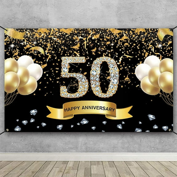 50th Wedding Anniversary Decorations, Black Gold 50th Anniversary Banner Backdrop, Happy 50 Anniversary Party Supplies Decorations Party Banner Photography Background