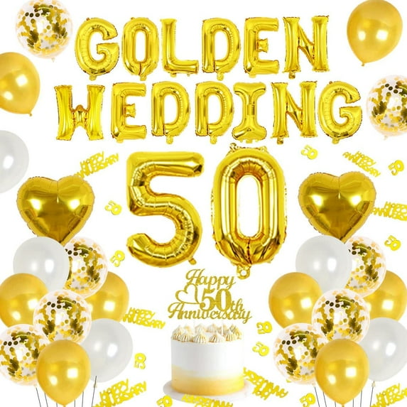 50th Wedding Anniversary Decorations, Golden Wedding Balloon Banner, Number 50 Foil Balloons, Anniversary Cake Topper Decor for 50th Anniversary Party Decorations Supplies
