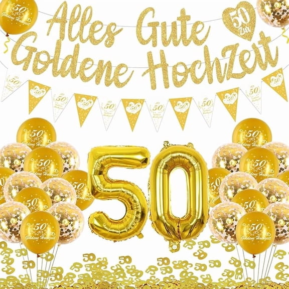 50th Wedding Anniversary Decorations, Happy Golden 50th Wedding Anniversary Banner, Golden Balloons, Bunting Flag, Table Confetti, 50th Wedding Anniversary Party Supplies for Couple
