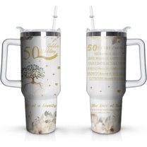 50th Wedding Gifts Anniversary Cups, Golden Wedding 50th Anniversary Cups, 50th Anniversary Cup For Couple Parents Friends, 40 Oz Stainless Steel Tumbler with Handle and Straw (1 PC)